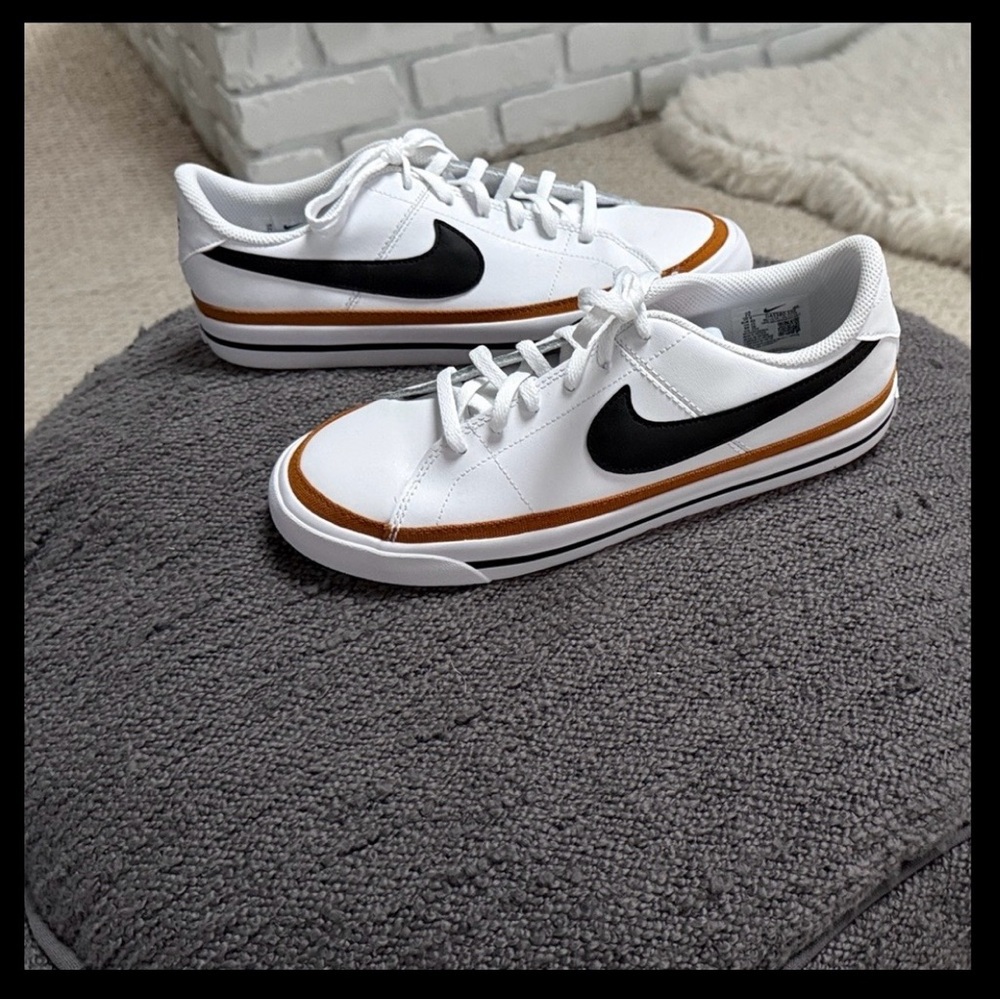 Nike brand new White Sneakers with Black Swoosh and Brown Accent